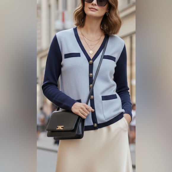 ST. JOHN $350 by Marie Gray Santana Knit Royal Blue Button collection cardigan. - Picture 3 of 14